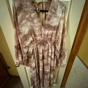 HYFVE Long Sleeve Dress in Cream and Brown Tie-Dye